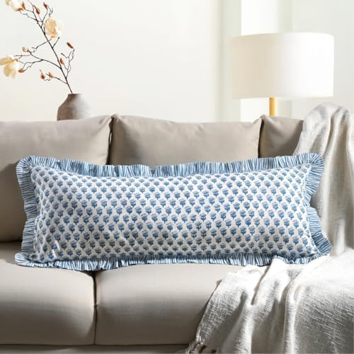 CPC Block Print Apatite Blue Ruffle Cotton Lumbar Pillow Cover 14x36 inch by COTTONPRINTCLUB
