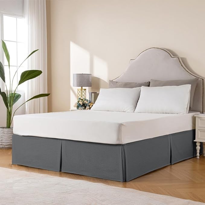 MIYE Pleated Waffle Weave Bed Skirt, Tailored Dust Ruffle 12 Inch Drop Easy Fit, Machine Washable (Dark Grey, Full - 12" Drop)