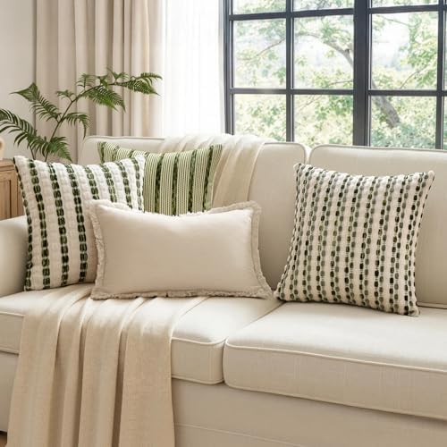ANRODUO Boho Chenille Decorative Pillow Covers 20x20 Set of 2 Green White - Image 2