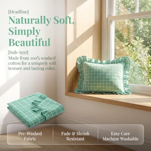 Mywinlle Mint Green Plaid Ruffle Pillow Shams Standard Size Set of 2 - Image 3