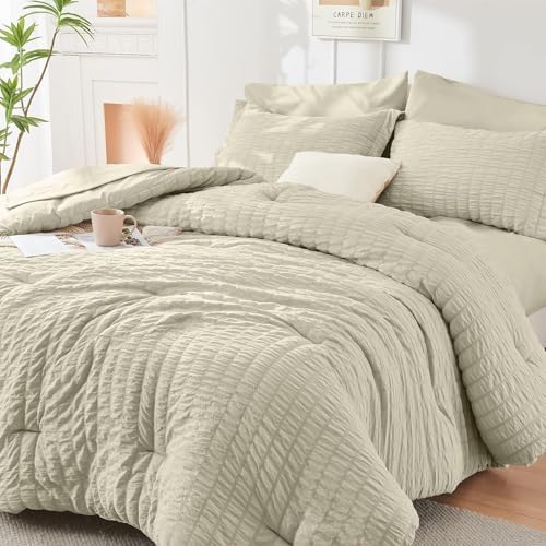 HYMOKEGE Light Linen King Size Comforter Set Seersucker 7 Pieces, All Season by HYMOKEGE