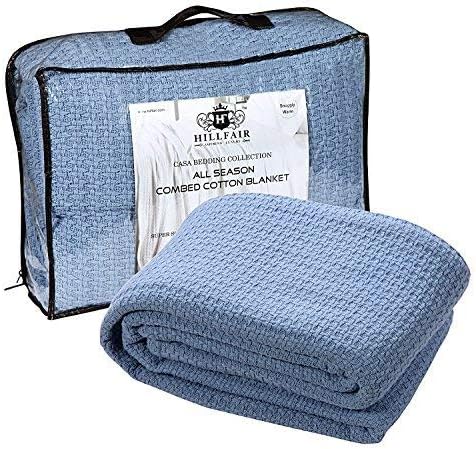 HILLFAIR 100% Combed Cotton Blanket– Twin Bed Blanket– Soft Cozy Warm Multipurpose Throws for Luxury Home Decor– 66 x 90 inch Twin XL Size Cotton Blankets for Beds- Bed Blankets for All Season- Blue