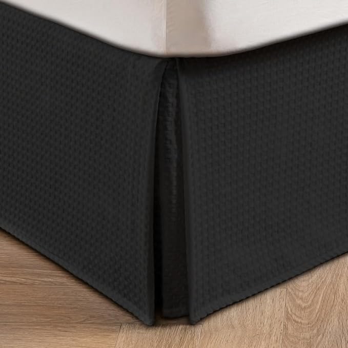 MIYE Pleated Waffle Weave Bed Skirt, Tailored Dust Ruffle 14 Inch Drop Easy Fit, Machine Washable (Black, King - 14" Drop)