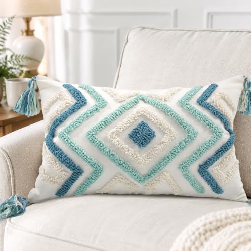 Lumbar Boho Pillow Covers 12x20 Tufted Teal - Image 2