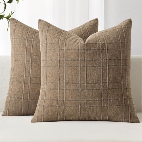 MIULEE Linen Plaid Pillow Covers Fall Decorative Euro 28x28 Light Brown by MIULEE