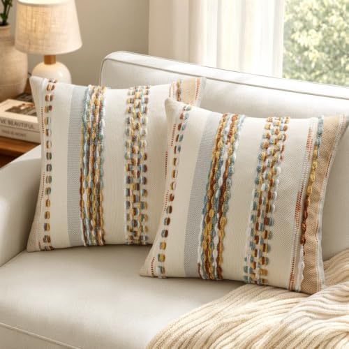 ANRODUO Boho Decorative Throw Pillow Covers 20x20 Inch Rust Blue Pack of 2 - Image 3