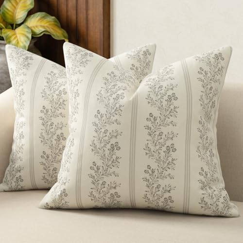 Vintage Throw Pillow Covers 18x18 Set of 2, Striped Floral Pillow Cover by DKwizme