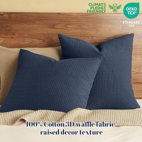 PHF Cotton Waffle Throw Pillow Covers 24" x 24", Dark Navy, No Insert - Image 2