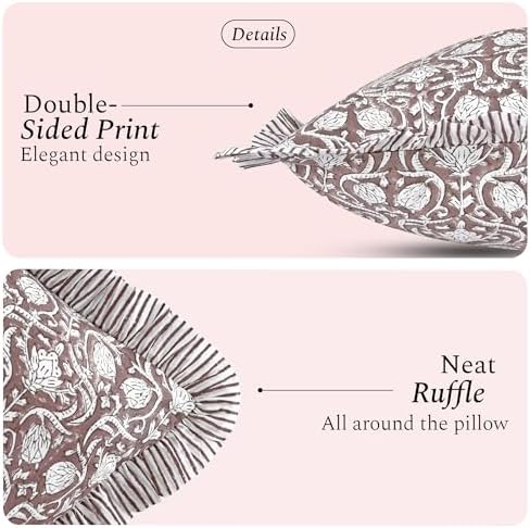 CPC Block Print Mocha Regal Ruffle Cotton Lumbar Pillow Cover 14x36 inch - Image 2