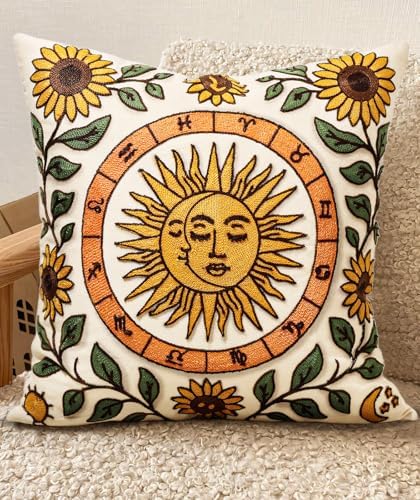 Embroidered Throw Pillow Cover 20x20 Inch, Sunflower Moon by Kokaaee
