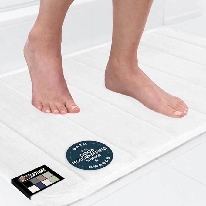 GORILLA GRIP Memory Foam Bath Mat, Soft Absorbent US Designed Bathroom Rug, Gripping Dots Machine Washable Bathmat, Cushioned Floor Mats, Shower Sink Rugs Room Décor Accessories, 24x17 White