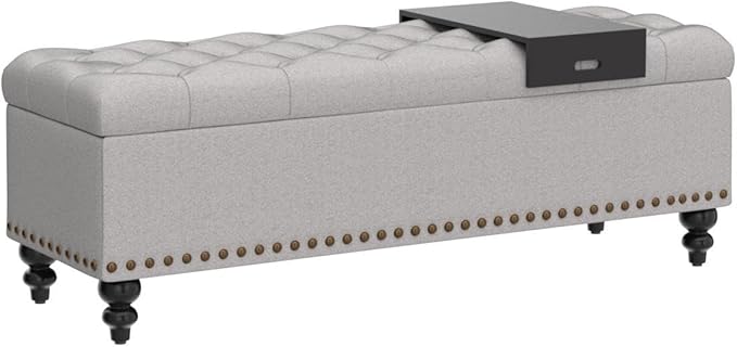 HUIMO 51-inch Storage Bench Ottoman with Removable Tray, Cotton Linen Blend Fabric, Button Tufted, Safety Hinge, 300lb Weight Capacity, Gray