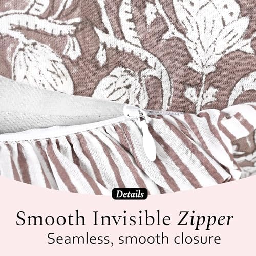 CPC Block Print Mocha Regal Ruffle Cotton Lumbar Pillow Cover 14x36 inch - Image 3