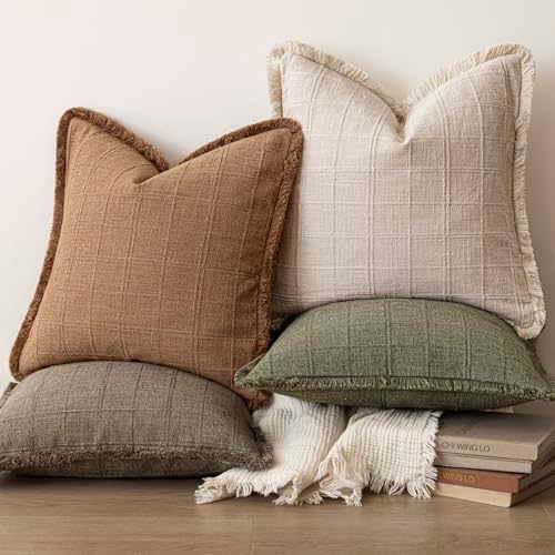 Foindtower Set of 2 Decorative Linen Check Fringe Throw Pillow Covers Farmhouse - Image 6