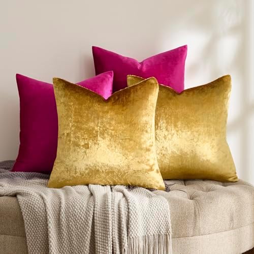 GIGIZAZA Pack of 4 Decorative Velvet Pillow Covers 16x16 Hot Pink Gold - Image 2