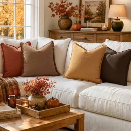 MIULEE Fall Linen Fringe Pillow Covers Set of 4 18x18 Orange/Yellow - Image 2