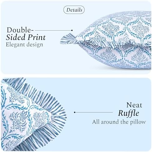 CPC Block Print Indigo Regal Ruffle Cotton Lumbar Pillow Cover 14x36 inch - Image 2