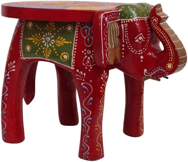 Handcrafted Wooden Elephant Stool, Hand-Painted Accent Table for Living Room, Bedroom & Office Décor (8 in)