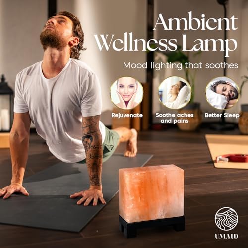 UMAID Himalayan Salt Lamp Rectangle, Natural Pink Rock Salt Lamp on Modern Wood Base with Night Light Bulb and Dimmable Cord, Spa Decor, Salt Massage Stones Ambiance, Meditation Accessories Decor Gift - Image 4