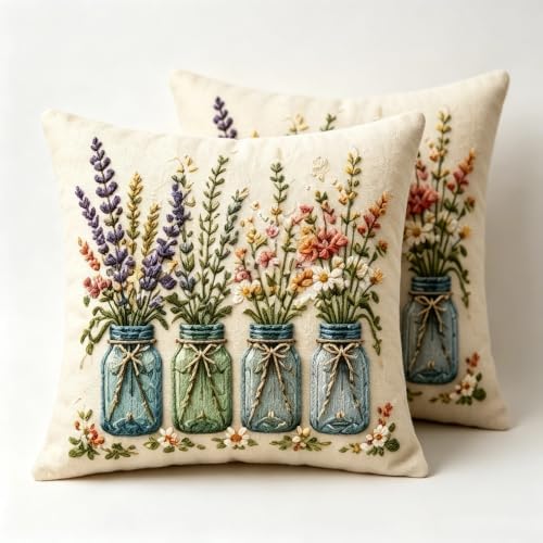 2D Flat Jar Wildflower Linen Throw Pillow Covers 18x18 Set of 2 by Unknown