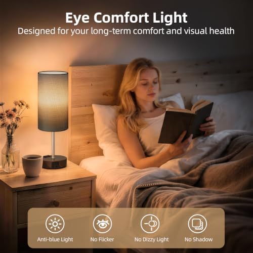 Table Lamp, Dimmable Touch, AC Outlet, USB A+C (Grey&Walnut) - Image 5