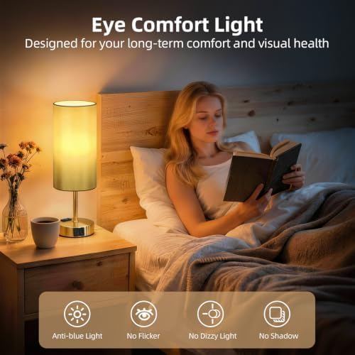 Bedside Table Lamp, Dimmable Touch, AC Outlet, USB A+C (Gold) - Image 6