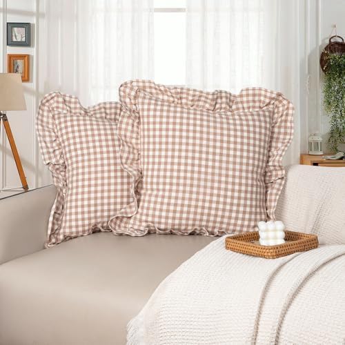 JoraLion Ruffled Throw Pillow Cover 18x18 Gingham Khaki by JoraLion