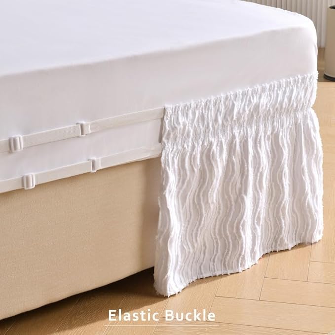 MIYE Wavy Tufted Bed Skirt - Wrap Around Dust Ruffle with Elastic Belts - 18 Inch Drop Easy to Put On - Bedskirt Machine Washable ＆ Wrinkle Resistant(Wavy/White, King/Queen-18 Drop)