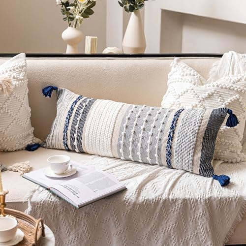 BlissBlush Navy Dark Blue Boho Decorative Lumbar Pillow Cover 14x36, Long Body by BlissBlush