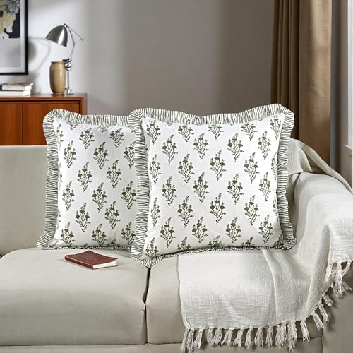 Ridhi Natural Spring Block Print Ruffle Pillow Covers 18x18 Inch Set of 2 - Image 5