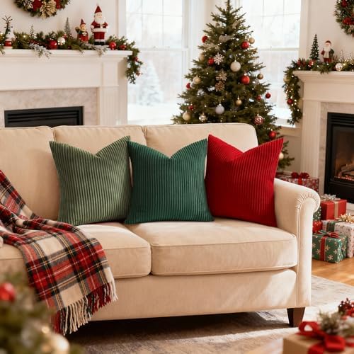Mecatny Corduroy Throw Pillow Covers 16x16 Set of 2 Christmas Red - Image 3