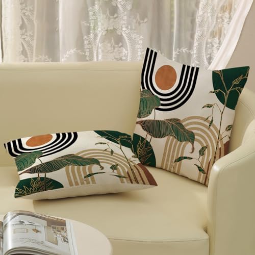 Boho Green Pillow Covers 18x18 Set of 2 Green Gold Leaf Tropical Mid Century - Image 4