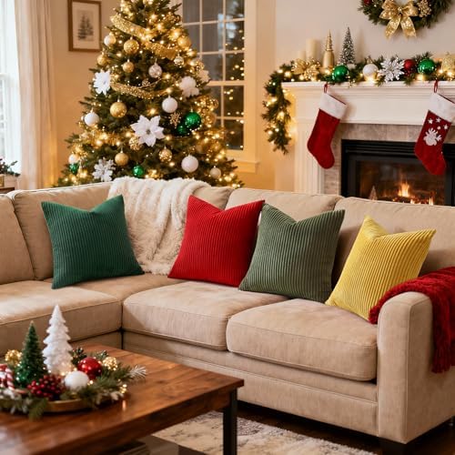 Mecatny Corduroy Throw Pillow Covers 16x16 Set of 2 Christmas Red - Image 4