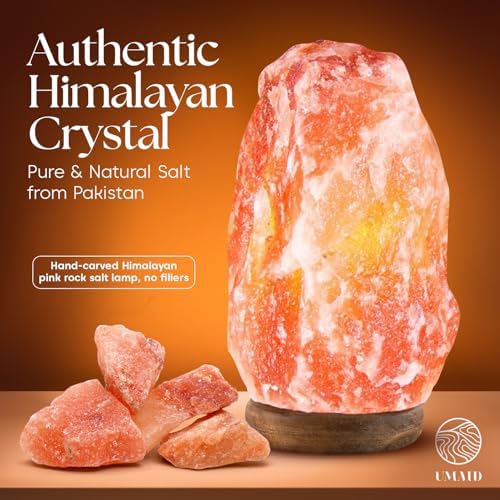 UMAID Himalayan Salt Lamp 8–10"(7–11 lb) Dimmable Pink Rock Salt Lamp with Wooden Base & Night Light Bulb, Spa Decor for Meditation Room, Massage Stones Ambiance, Desk & Bedroom,Gifts for Men & Women - Image 2