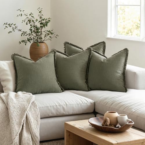 MIULEE Fall Linen Fringe Pillow Covers Set of 4 18x18 Olive Green - Image 3