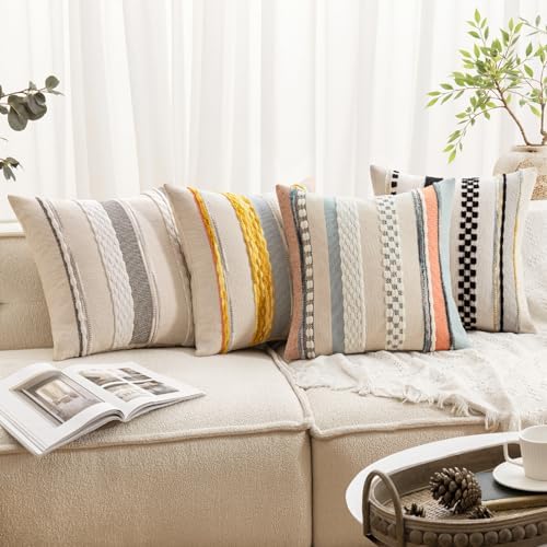 ANRODUO Boho Decorative Throw Pillow Covers Yellow Stripe 18x18 Pack of 2 - Image 2