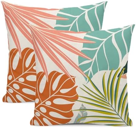 Summer Tropical Pillow Covers 18x18 Set of 2, Monstera Palm Leaf Pillowcase by GOLIANDA