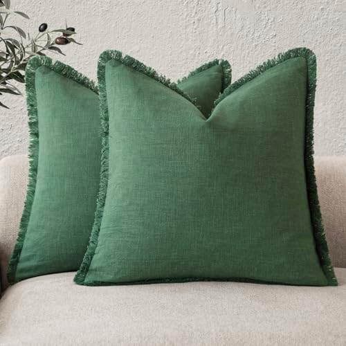 Foindtower Decorative Linen Fringe Throw Pillow Covers 22×22 Pine Green by Foindtower