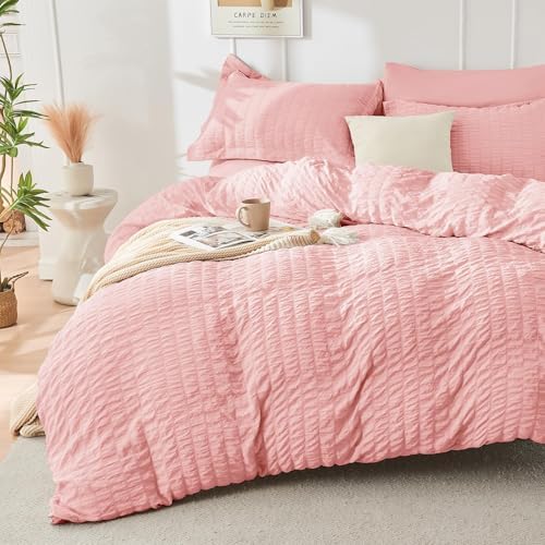 HYMOKEGE Rose Pink California King Comforter Set Seersucker 7 Pieces, All - Image 2