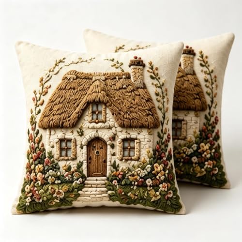 2D Flat Thatched Roof Cottage Linen Throw Pillow Covers 18x18 Set of 2 by Unknown