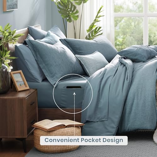 Monbix Queen Comforter Set 7 Pieces Dusty Blue Cationic Dyeing Bed in a Bag - Image 4