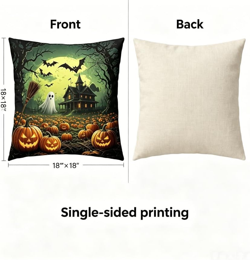 Halloween Throw Pillow Covers, Spooky Ghost Pumpkin Design, 18x18 Inch - Image 2