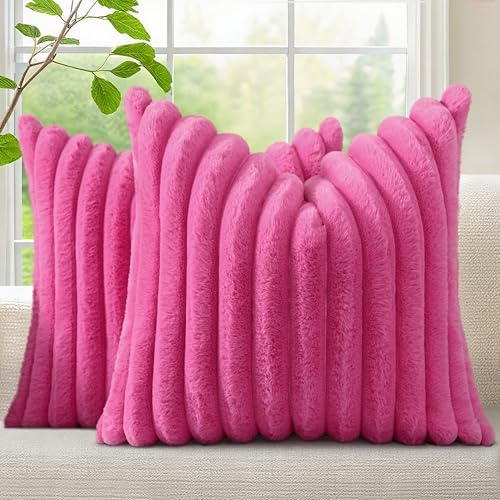 decorUhome Fall Faux Fur Throw Pillow Covers 24x24 Set of 2 Hot Pink by decorUhome