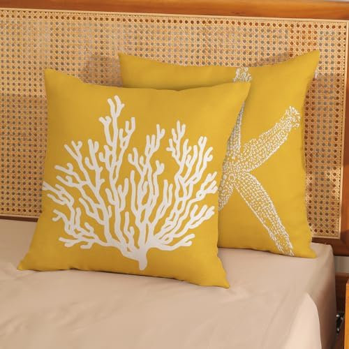 Coastal Pillow Covers 20x20 Set of 2 Yellow Coral Starfish Throw Pillows - Image 2