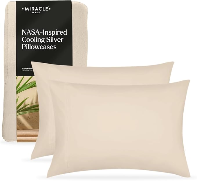 Miracle Made Luxe Soft Cooling Pillowcase, 2-Piece Silver-Infused Cotton Fabric, Cool and Breathable Case for Sensitive Skin, King/Cali King Size Covers, Sand