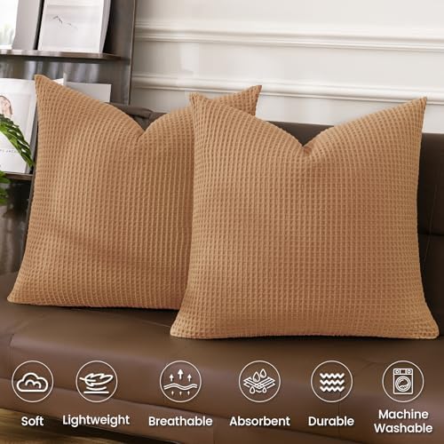 PHF Cotton Waffle Throw Pillow Covers 24" x 24", Standstone, No Insert - Image 3