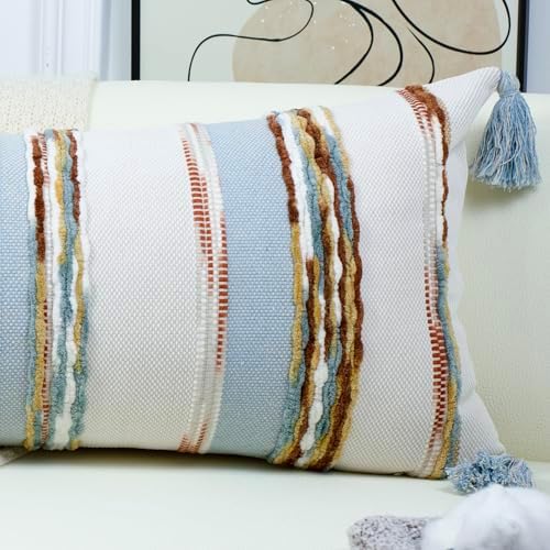 PANOD Boho Long Lumbar Throw Pillow Cover 16 x 36 Blue Brown, Chenille Morocan - Image 3