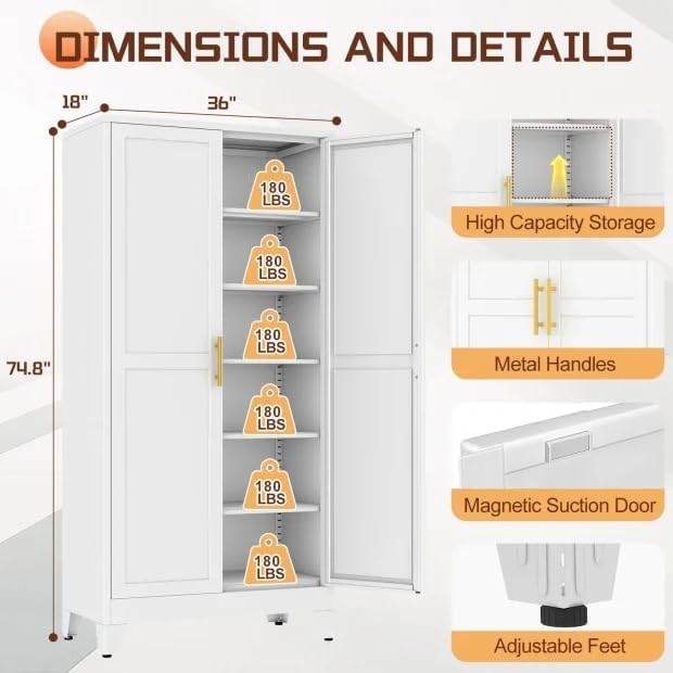 75" Metal Kitchen Pantry Cabinet,White Storage Cabinet with Doors and 5 Adjustable Shelves, Cabinet with 2 Metal Handles,Tall Cabinet for Livingroom,Pantry, Bathroom,Kitchen