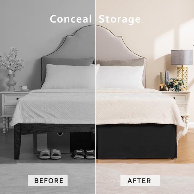 MIYE Pleated Waffle Weave Bed Skirt, Tailored Dust Ruffle 14 Inch Drop Easy Fit, Machine Washable (Black, King - 14" Drop)