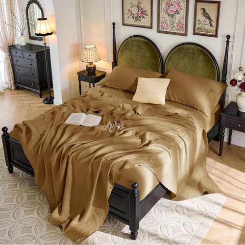 SONORO KATE 100% French Linen Full Size Sheets Set, Natural Flax Bedding by SONOROKATE